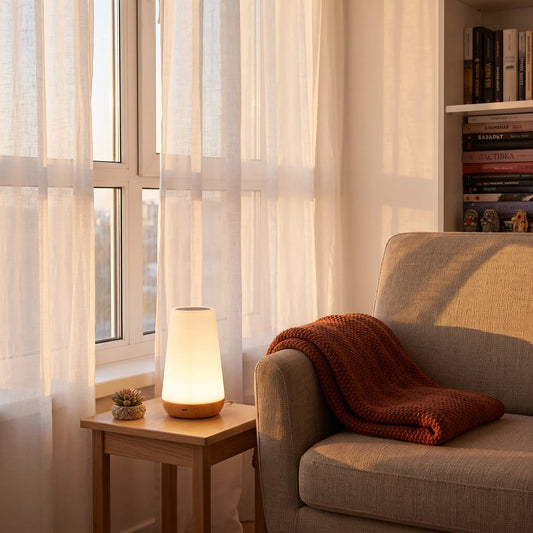 Lampe d'ambiance Halume Chroma allumée, vue de face