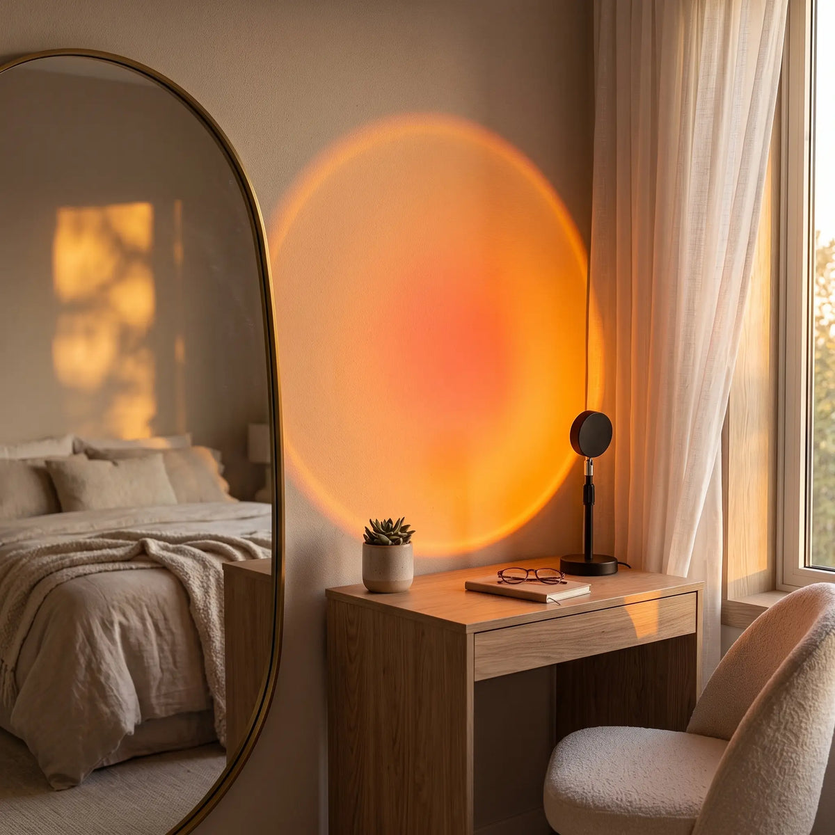 Lampe coucher de soleil Halume Horizon projetant un dégradé chaud sur le mur
