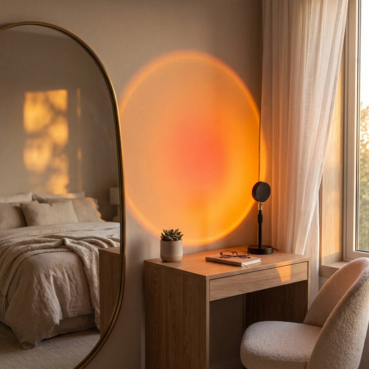 Lampe coucher de soleil Halume Horizon projetant un dégradé chaud sur le mur