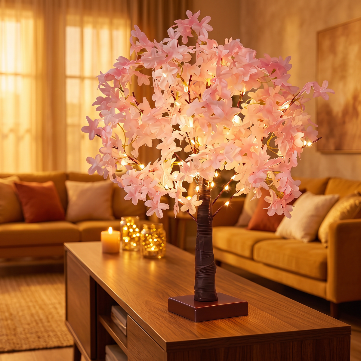 Lampe arbre fleuri Halume Hanami, ambiance salon chaleureuse