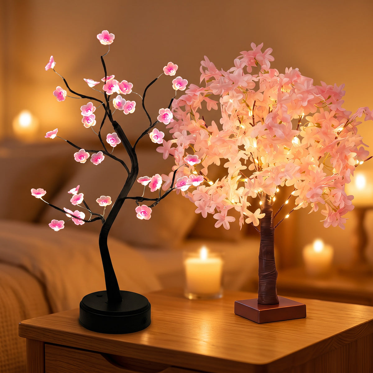 Pack Duo Asie Halume : la branche Sakura et l'arbre Hanami allumés sur une table de chevet