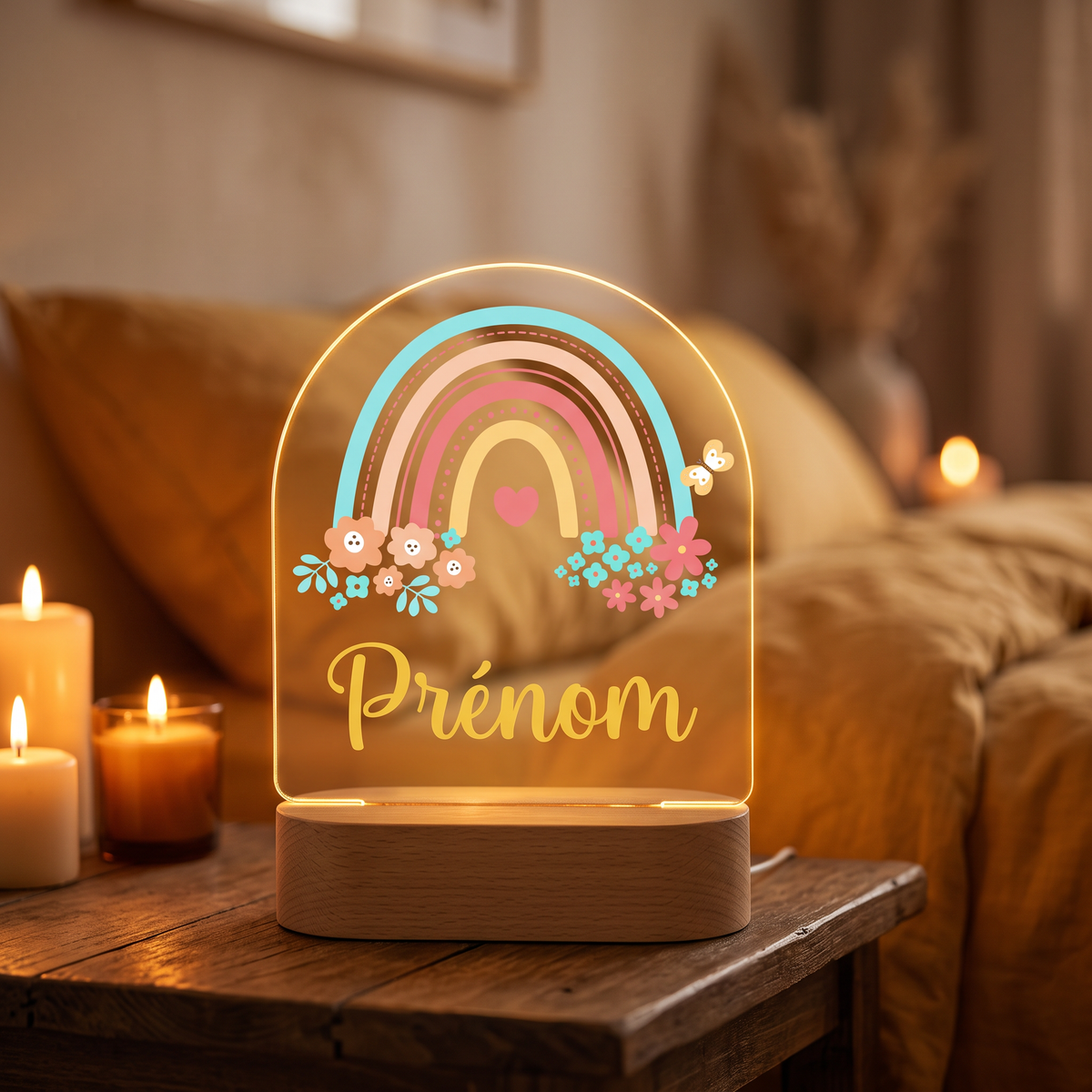Veilleuse personnalisée Arc-en-ciel en pléxiglas, prénom lumineux, gros plan table de chevet