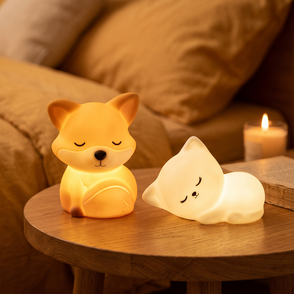 Pack Duo Renard et Chat, deux veilleuses en silicone côte à côte, lumière chaude