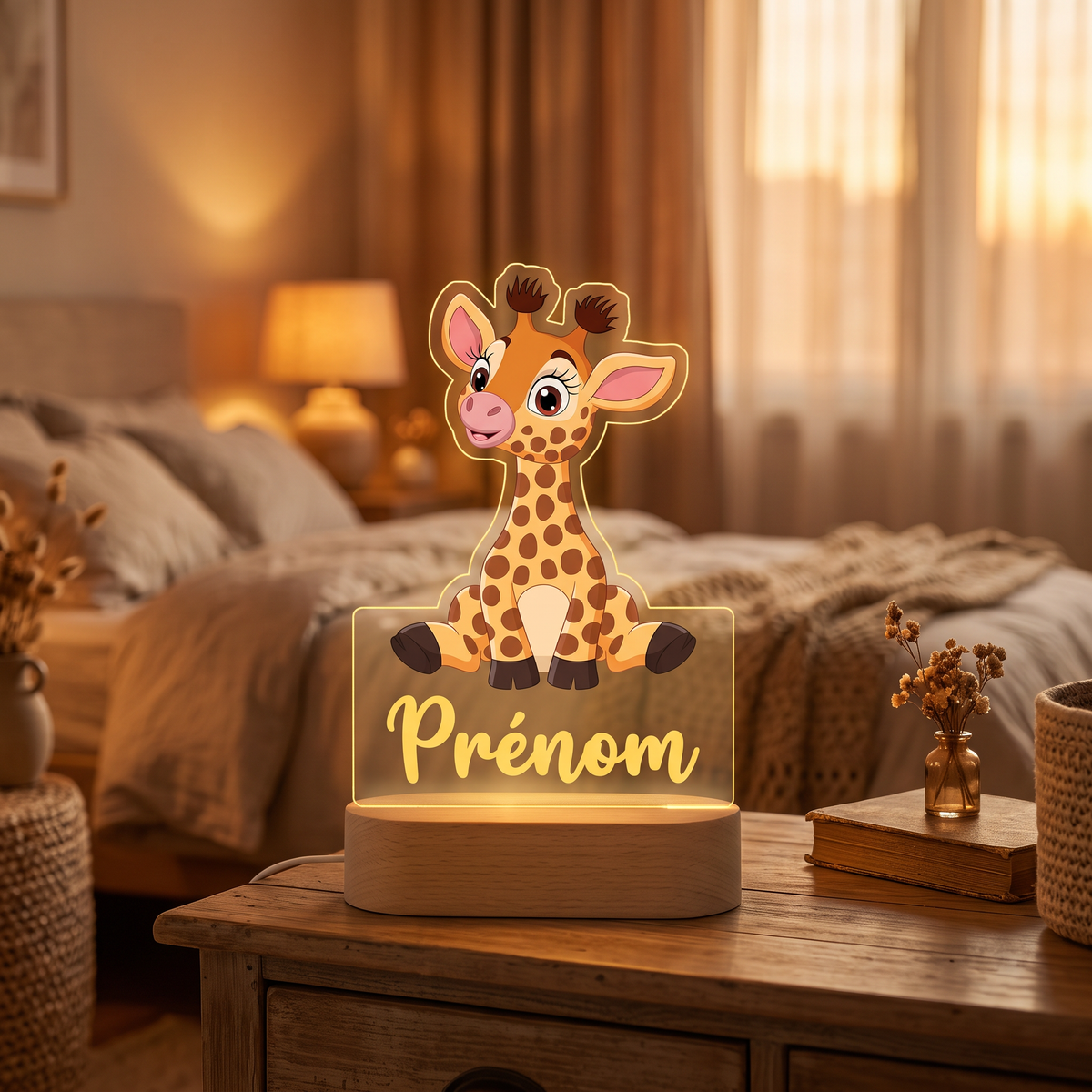 Veilleuse personnalisée Girafe en pléxiglas, ambiance chambre d'enfant chaleureuse
