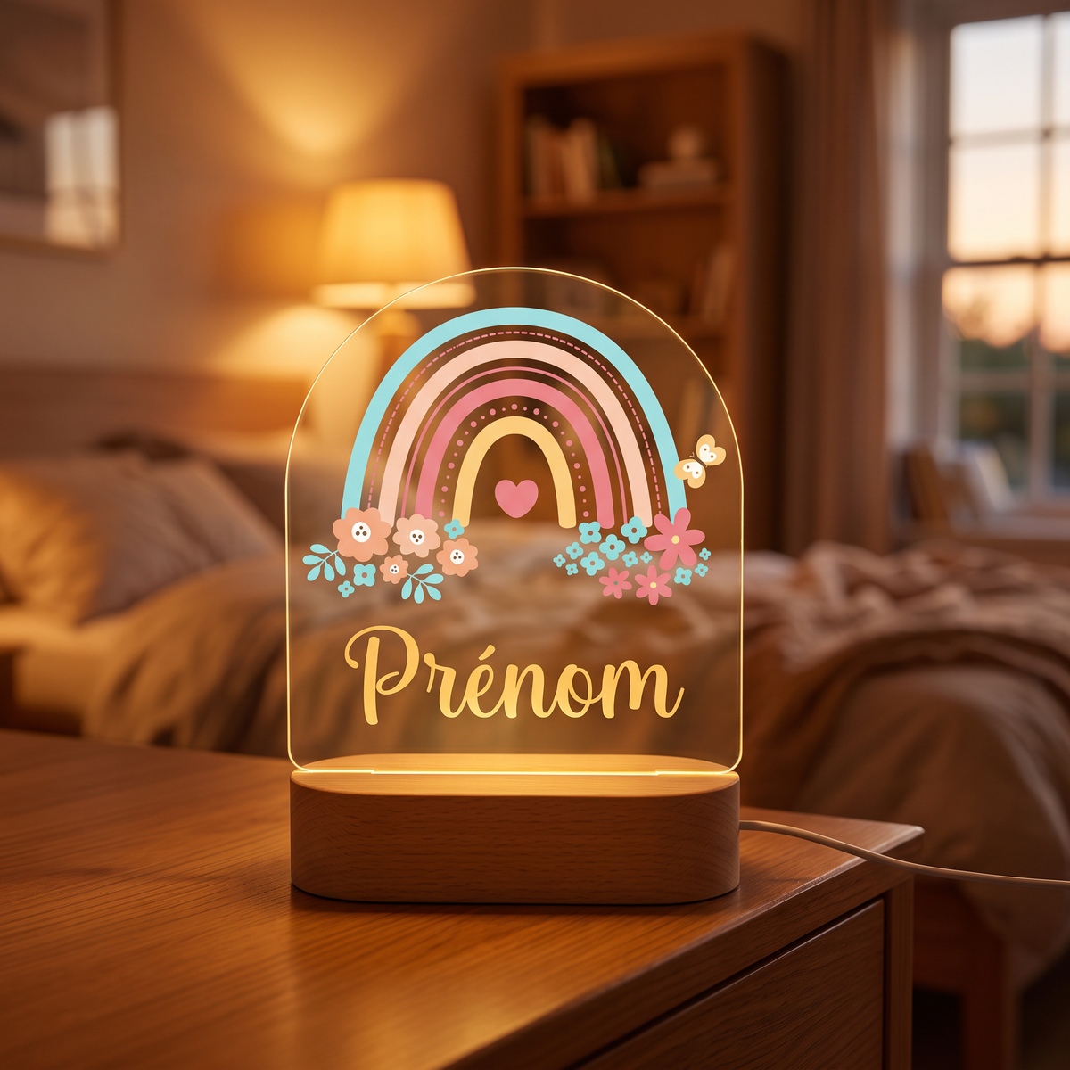 Veilleuse personnalisée Arc-en-ciel en pléxiglas, ambiance chambre d'enfant chaleureuse