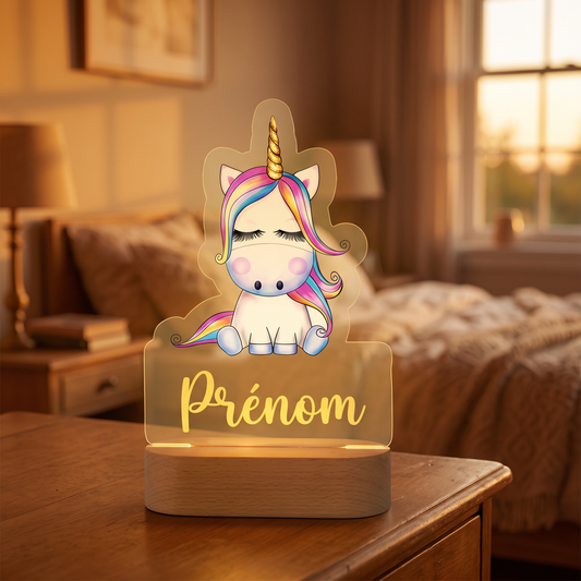 Veilleuse personnalisée Licorne en pléxiglas, ambiance chambre d'enfant chaleureuse