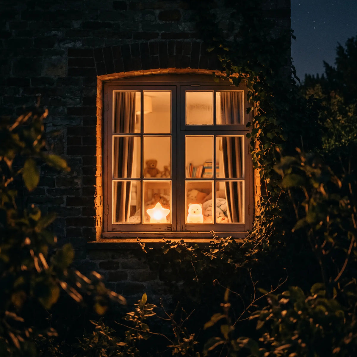 Fenêtre d'une maison éclairée la nuit par les veilleuses Halume