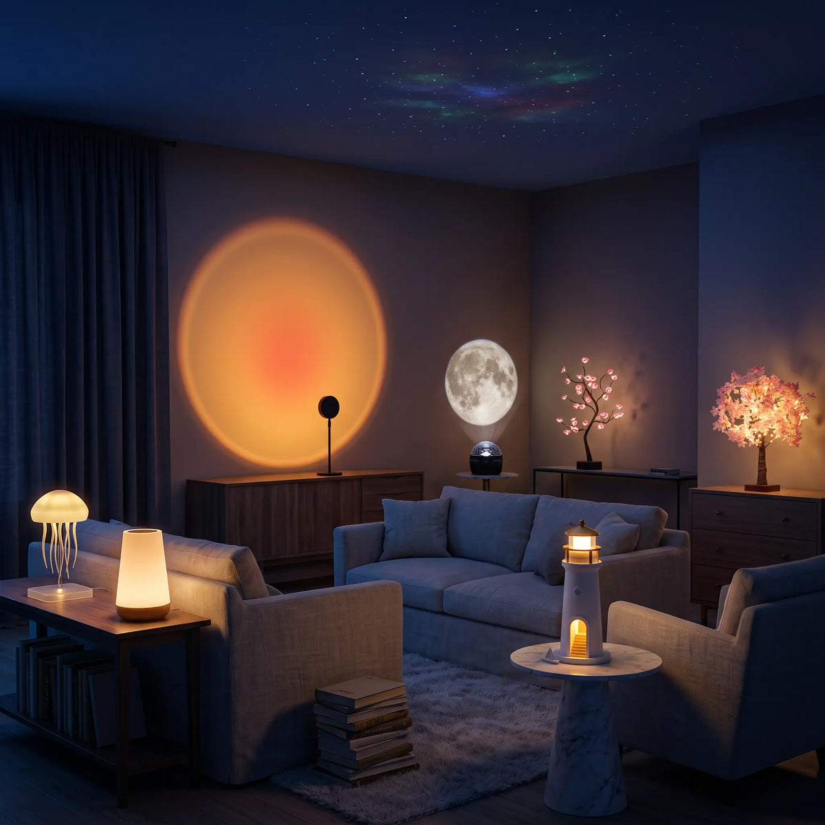 Sept lampes d'ambiance Halume allumées dans un salon la nuit : méduse, coucher de soleil, lune, arbres fleuris