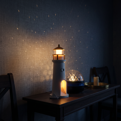 Pack Duo Halume — projecteur d'étoiles Orion et veilleuse lune Phare allumés dans une chambre