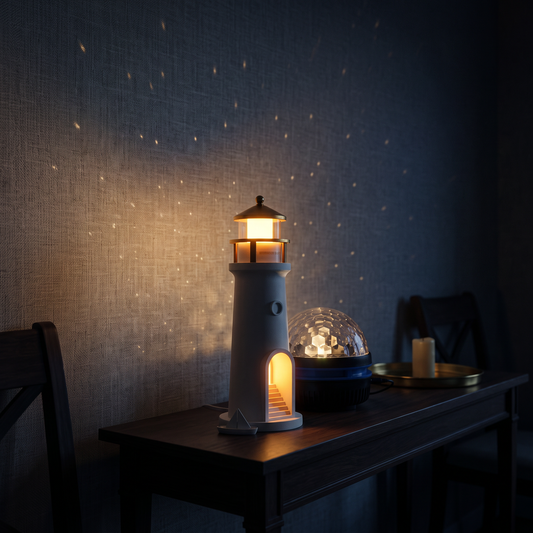 Pack Duo Halume — projecteur d'étoiles Orion et veilleuse lune Phare allumés dans une chambre