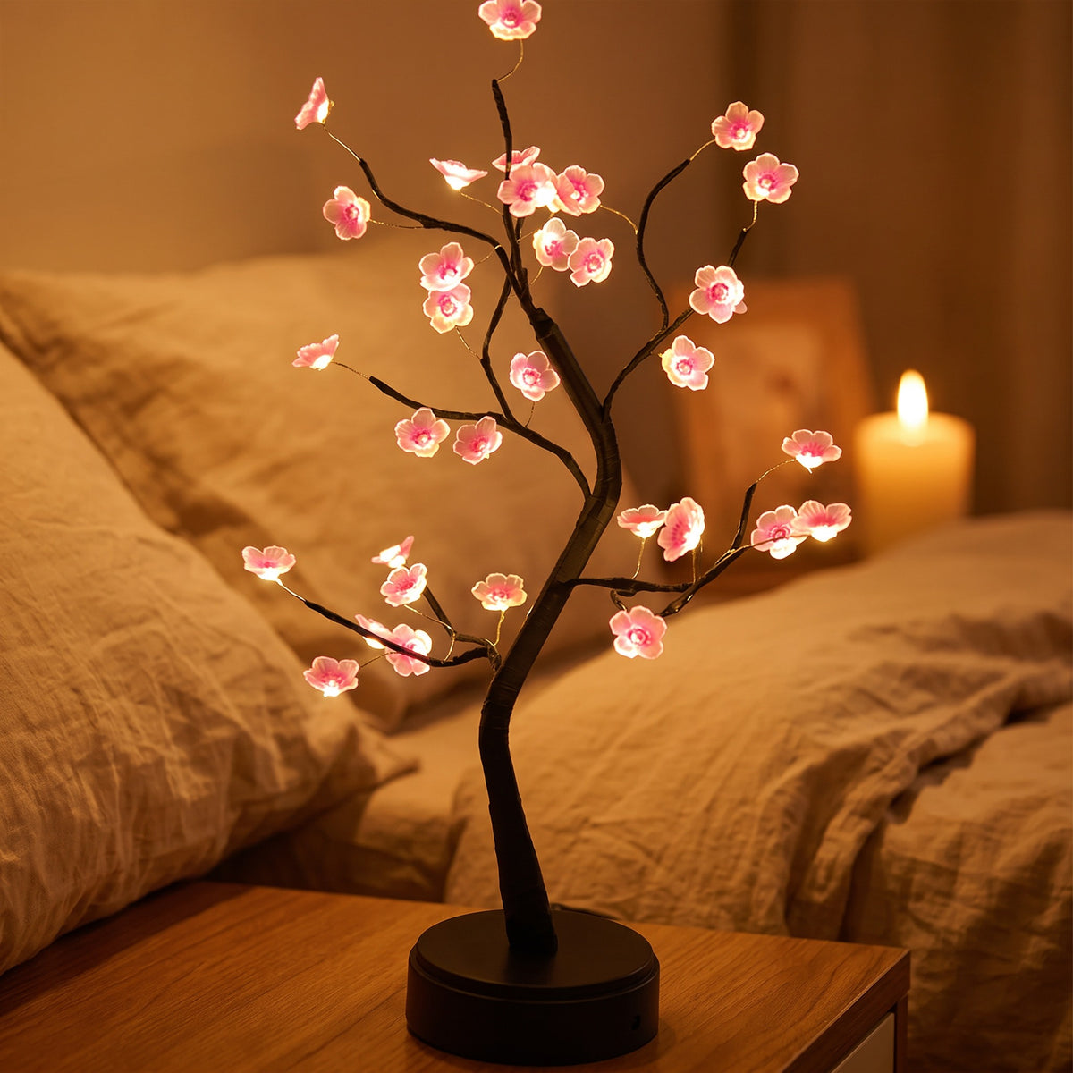 Lampe bonsaï fleurs de cerisier Halume Sakura allumée, gros plan sur table de chevet