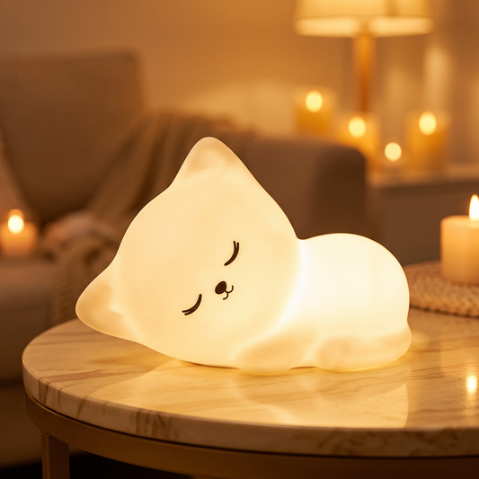 Veilleuse chat en silicone, vue de profil, lumière chaude sur une table en marbre