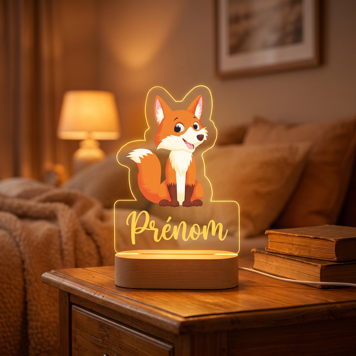 Veilleuse personnalisée Renard en pléxiglas, ambiance chambre d'enfant chaleureuse