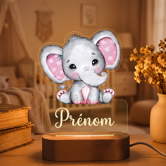 Veilleuse personnalisée Éléphant en pléxiglas, ambiance chambre d'enfant chaleureuse