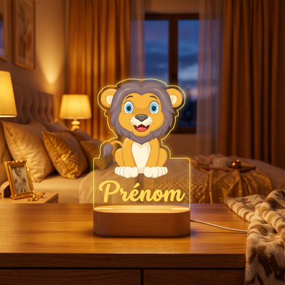 Veilleuse personnalisée Lion en pléxiglas, ambiance chambre d'enfant chaleureuse