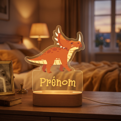 Veilleuse personnalisée Dinosaure en pléxiglas, ambiance chambre d'enfant chaleureuse