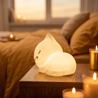 Veilleuse Chat en silicone, vue trois-quarts arrière, table de chevet