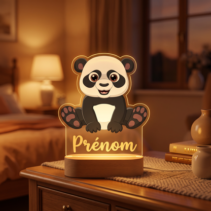 Veilleuse personnalisée Panda en pléxiglas, ambiance chambre d'enfant chaleureuse