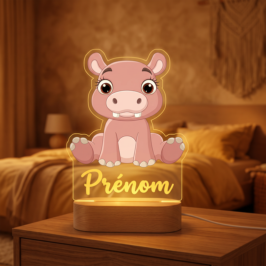 Veilleuse personnalisée Hippopotame en pléxiglas, ambiance chambre d'enfant chaleureuse