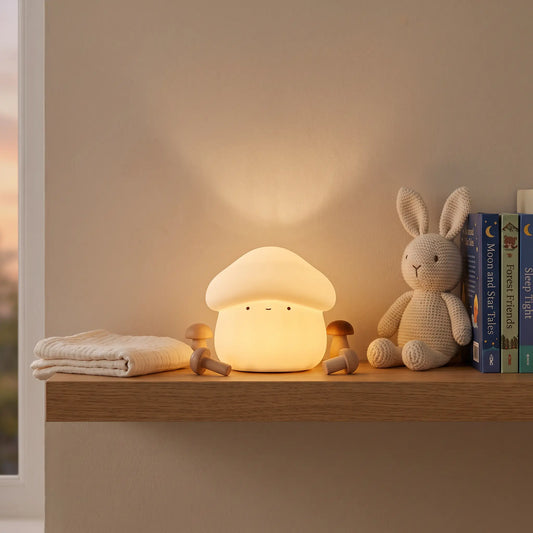 Veilleuse champignon en silicone Halume sur une étagère en chêne, à côté d'un lapin en crochet