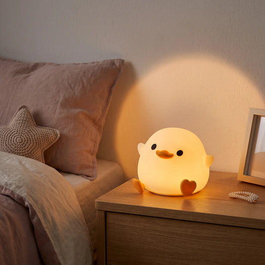 Veilleuse canard en silicone Halume allumée sur une table de chevet dans une chambre d'enfant