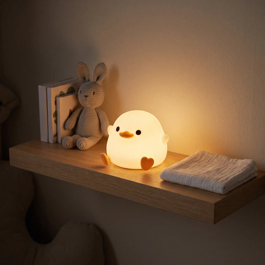 Veilleuse canard en silicone Halume sur une étagère en chêne, à côté d'un lapin en crochet